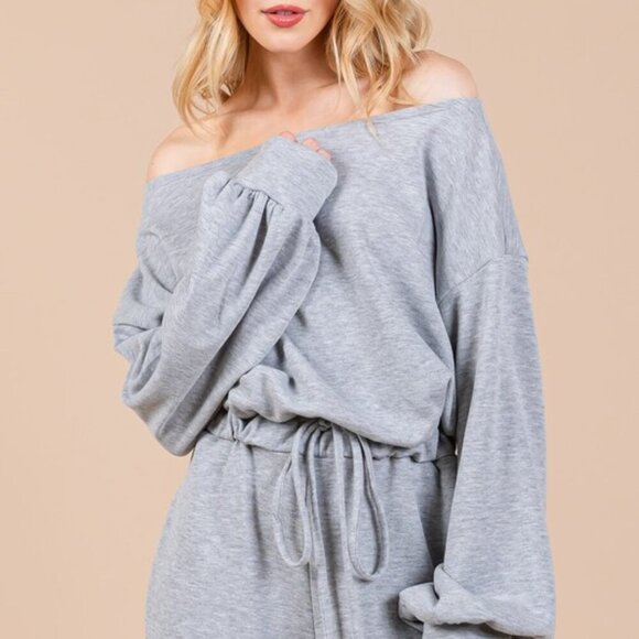 Gray Boat Neck Long Sleeve Drawstring Jumpsuit - Picture 6 of 6